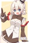  :d ahoge azur_lane blonde_hair blue_eyes breasts brown_gloves character_name commentary_request detached_sleeves eyebrows_visible_through_hair gloves highres looking_at_viewer oklahoma_(azur_lane) open_mouth short_hair sikutogurei_(kunugi_miyaco) small_breasts smile solo 