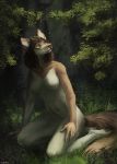 anthro aurru breasts canine claws day daylight dog featureless_breasts female grass green_eyes hair kneeling looking_up mammal navel nude outside pink_nose solo stone 