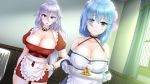  2girls :o bare_shoulders blue_eyes blue_hair breasts cleavage closed_mouth collar cup drinking_glass erect_nipples eyebrows eyebrows_visible_through_hair flower game_cg hair_between_eyes hair_flower hair_ornament hair_over_one_eye hand_on_hip high_ponytail highres holding huge_breasts indoors irene_(paizuri_fiancee) large_breasts legs long_hair long_ponytail looking_at_viewer maid maid_headdress marianelli matching_hair/eyes multiple_girls open_mouth original paizuri_fiancee ponytail purple_eyes purple_hair red_clothes short_hair standing thighs tray uni8 wall white_legwear wrist_cuffs 