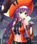  :q belt black_gloves blue_hair commentary_request detached_sleeves feh_(fire_emblem_heroes) fingerless_gloves fire_emblem fire_emblem:_souen_no_kiseki fire_emblem_heroes gloves green_eyes halloween_costume hat headband long_hair moon navel navel_cutout night night_sky shira_yu_ki sky solo tongue tongue_out wayu_(fire_emblem) white_headband witch_hat 