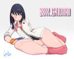  artist_name bangs black_hair blue_eyes breasts cardigan commentary_request copyright_name eyebrows_visible_through_hair gradient gradient_background hori_shin large_breasts long_hair long_sleeves looking_at_viewer looking_to_the_side lying on_side pink_footwear school_uniform shiny shiny_hair shiny_skin shirt skirt socks solo ssss.gridman takarada_rikka thick_thighs thighs white_shirt 