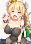  blonde_hair blue_eyes blush bowsette breasts claw_pose cleavage collarbone crown dress earrings fingernails half-closed_eyes horns jewelry long_hair mario_(series) maruchan. nail_polish new_super_mario_bros._u_deluxe open_mouth sharp_fingernails sharp_teeth simple_background smile solo spiked_shell super_crown tail teeth white_background 