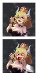  &gt;_&lt; 1girl 2koma :p absurdres anger_vein aqua_eyes blonde_hair blush_stickers borrowed_character bowsette breasts cleavage closed_eyes collar comic crown facing_viewer fingernails highres horns long_hair looking_at_viewer mario_(series) nail_polish new_super_mario_bros._u_deluxe out_of_frame pointy_ears ponytail pulling saliva sharp_fingernails sharp_teeth smile spiked_armlet spiked_collar spikes star starry_background super_crown tearing_up tears teeth tongue tongue_grab tongue_out trembling uc_(188316942) upper_body wavy_mouth 