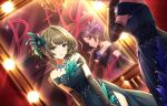  artist_request bangs bare_shoulders blue_dress bow breasts brown_hair cleavage dress dutch_angle earrings elbow_gloves emerald eyebrows_visible_through_hair feathers gem gloves green_dress green_eyes hair_bow hair_ornament hayami_kanade highres idolmaster idolmaster_cinderella_girls idolmaster_cinderella_girls_starlight_stage jewelry lace light_smile looking_at_viewer makeup medium_breasts mirror mirror_writing multiple_girls mysterious_eyes_(idolmaster) necklace official_art parted_bangs pretty_liar_(idolmaster) short_hair side_slit sleeveless sleeveless_dress smile standing takagaki_kaede tied_hair 