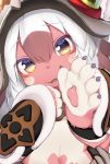  animal_ears blush blush_stickers brown_hair claws eyebrows_visible_through_hair fur furry hair_between_eyes helmet highres hikky looking_at_viewer midriff mokuri multicolored_hair navel nejime open_mouth parted_lips paws pink_fur solo sweatdrop two-tone_hair upper_body white_fur white_hair yellow_eyes 