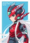  android bishounen blue_background blue_eyes border commentary_request copyright_name helmet long_hair male_focus orca9102 outside_border rockman rockman_zero silver_hair simple_background solo upper_body white_border white_hair zero_(rockman) 