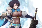  armor artist_name belt black_hair blush breasts cape celliera commentary dragalia_lost fingerless_gloves gauntlets gloves hand_on_hip highres holding holding_weapon ice ippers red_eyes short_hair signature solo sword weapon 
