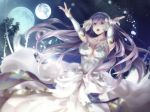 breasts bridal_gauntlets center_opening cleavage dress finis_(lost_song) green_eyes jewelry kokutou leaf long_hair lost_song medium_breasts moon night night_sky open_mouth ring sky solo sparkle star_(sky) teeth tree very_long_hair white_hair 