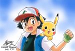  1boy 2018 animal animal_on_shoulder baseball_cap black_hair brown_eyes clenched_hand creatures_(company) dated fingerless_gloves game_freak gen_1_pokemon gloves hat highres kagawa_hisashi nintendo open_mouth pikachu pokemon satoshi_(pokemon) short_hair short_sleeves signature smile tagme undershirt upper_body 