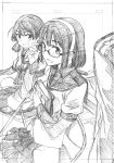  2girls absurdres book chair eyebrows_visible_through_hair glasses greyscale hairband highres holding holding_book holding_eyewear kantai_collection kojima_takeshi long_sleeves looking_at_viewer monochrome multiple_girls ooyodo_(kantai_collection) open_mouth short_hair sitting 