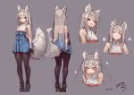  1girl animal_ear_fluff animal_ears back backless_outfit bangs bare_shoulders black_footwear black_gloves black_legwear black_skirt blush commentary_request dated eyebrows_visible_through_hair fang fox_ears fox_girl fox_tail full_body gloves hair_between_eyes high_heels japanese_clothes long_hair looking_at_viewer multiple_views original pantyhose red_eyes short_eyebrows signature silver_hair simple_background skirt sleeveless smile standing suzuno_(bookshelf) tail thick_eyebrows turnaround twitter_username 