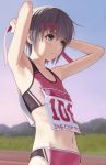  :&lt; armpits arms_up bangs black_eyes black_hair blue_sky commentary_request cowboy_shot eyebrows_visible_through_hair flat_chest gradient_sky headband highres idolmaster idolmaster_cinderella_girls looking_away midriff navel nekopuchi number otokura_yuuki outdoors safety_pin short_hair sky solo sports_bikini stomach sunlight sunrise track_uniform tying upper_body v-shaped_eyebrows 