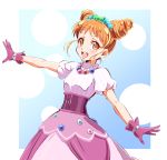  aikatsu! aikatsu!_(series) arisugawa_otome bangs blush brown_eyes brown_hair commentary_request double_bun dress drill_hair gloves highres idol jewelry necklace ngv3553 open_mouth pearl_necklace puffy_short_sleeves puffy_sleeves purple_gloves short_sleeves sidelocks smile solo twin_drills 