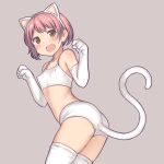  :d aaaa animal_ears blush breasts brown_background brown_eyes cat_ears cat_tail covered_nipples elbow_gloves eyebrows_visible_through_hair fake_animal_ears gloves highres looking_at_viewer open_mouth original paw_pose pink_hair short_hair simple_background small_breasts smile solo standing tail thighhighs white_gloves white_legwear 