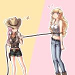  2girls belt blonde_hair brown_hair commentary cowboy_hat denim denim_shorts dog_tags hat holster jeans lasso multicolored_hair multiple_girls neo_(rwby) pants pink_hair rope rwby shorts smile tl yang_xiao_long 