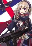  armband bangs bird blonde_hair commentary_request echj eyebrows_visible_through_hair girls_frontline gloves gun hair_between_eyes headset highres holding holding_gun holding_weapon jacket long_sleeves looking_at_viewer name_tag open_mouth red_eyes red_scarf rifle scarf scw_(girls_frontline) scw_(gun) short_hair sketch smile solo trigger_discipline uniform weapon 
