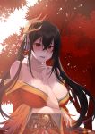  absurdres ahoge arm_between_breasts arm_under_breasts autumn_leaves azur_lane bangs bare_shoulders black_hair blush breasts cleavage collarbone commentary_request crossed_bangs day eyebrows_visible_through_hair feathers hair_between_eyes hair_ribbon hand_to_own_mouth highres huge_breasts japanese_clothes jjeono kimono large_breasts leaf long_hair looking_at_viewer maple_leaf mask mask_on_head obi open_mouth outdoors red_eyes red_kimono ribbon sash sidelocks smile solo striped striped_ribbon taihou_(azur_lane) twintails very_long_hair wide_sleeves wind 