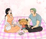  1girl 2boys black_hair green_hair hana_hana_no_mi holding leather_vest long_hair multiple_boys nico_robin one_piece reindeer roronoa_zoro short_hair smile tony_tony_chopper 