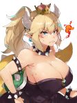  absurdres armlet bare_shoulders blonde_hair blue_earrings blue_eyes bowsette bracelet breasts breathing_fire cleavage clenched_teeth collar crown denizen_tomo earrings eyebrows_visible_through_hair fire highres horns jewelry large_breasts looking_at_viewer mario_(series) new_super_mario_bros._u_deluxe pointy_ears ponytail sharp_teeth short_hair simple_background solo spiked_armlet spiked_bracelet spiked_collar spikes super_crown sweat tail teeth white_background 