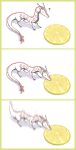  ? antlers belly_scales brown_fur comic cute digital_media_(artwork) dragon ears_back eastern_dragon eating feral food fruit fur grey_scales horn humor lemon markings motion_blur quadruped red_fur reptile scales scalie simple_background snout solo standing tail_tuft tuft white_background white_fur white_scales 