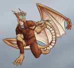  amocin anthro barefoot blue_eyes claws clothed clothing digital_media_(artwork) dragon duo eye_contact glowing horn living_tail male open_mouth scales scalie simple_background smile wings 
