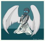  2017 ambiguous_gender angel animated_skeleton artistic_license blue_eyes bone clothed clothing crossdressing digital_drawing_(artwork) digital_media_(artwork) feathered_wings feathers gloves humanoid lace legwear lingerie looking_at_viewer not_furry panties portrait simple_background skeleton smile solo stockings thigh_highs undead underwear wings 