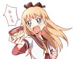  1girl blonde_hair blue_eyes bow clenched_hand food hair_bow ice_cream long_hair namori nanamori_school_uniform rum_raisin school_uniform serafuku simple_background solo speech_bubble spoon toshinou_kyouko translation_request white_background yuru_yuri 