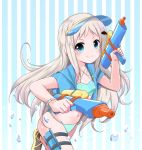  bikini blue_bikini blue_eyes blue_jacket cowboy_shot dual_wielding holding hood hooded_jacket hoodie jacket little_busters! long_hair looking_at_viewer mitsugushi_yuu navel noumi_kudryavka short_sleeves silver_hair smile solo striped striped_background swimsuit visor_cap water_gun 