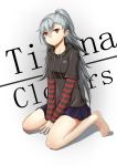 barefoot between_legs black_sweater blue_skirt character_name closers copyright_name eyebrows_visible_through_hair full_body hair_between_eyes hand_between_legs highres long_hair long_sleeves miniskirt pleated_skirt ponytail red_eyes shiny shiny_hair shirt short_over_long_sleeves short_sleeves silver_hair simple_background sitting skirt solo striped striped_shirt sweater tina_(closers) very_long_hair wariza white_background xie_wang 