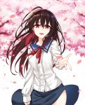  :d blue_skirt brown_hair center_frills cherry_blossoms collarbone commentary hair_between_eyes healther long_hair long_sleeves looking_at_viewer multicolored_hair open_mouth original outstretched_hand petals red_eyes red_hair red_ribbon ribbon shirt skirt smile solo white_shirt wind 