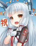  :d blurry bow brown_eyes commentary_request depth_of_field gloves hair_bow hair_ribbon highres kantai_collection long_hair looking_at_viewer murakumo_(kantai_collection) open_mouth pointing remodel_(kantai_collection) ribbon school_uniform serafuku signal_flag silver_hair smile soba_(sobaya1938) solo translation_request tress_ribbon 