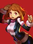  :d bangs bodysuit boku_no_hero_academia breasts brown_hair floating_hair highres looking_at_viewer medium_breasts omone_yuyu open_mouth parted_bangs red_background red_eyes shiny shiny_hair simple_background skin_tight smile solo upper_body uraraka_ochako 