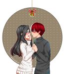  1girl black_eyes black_hair blue_eyes blush boku_no_hero_academia couple eye_contact from_side gradient_hair grey_sweater hand_on_another's_cheek hand_on_another's_face hetero holding_hands imminent_kiss looking_at_another mistletoe multicolored_hair open_mouth parted_lips red_hair reishichi ribbed_sweater silver_hair striped sweater todoroki_shouto two-tone_hair upper_body vertical_stripes white_background white_sweater yaoyorozu_momo 