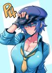  blue_eyes blue_hair blue_shirt breasts cabbie_hat cleavage gloves hat large_breasts necktie persona persona_4 shirogane_naoto shirt short_hair simple_background solo tsuki_wani 