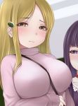  between_breasts blonde_hair blush breast_envy breasts brown_eyes closed_mouth hair_ornament hairclip hidaka_koharu high_score_girl kozue_akari large_breasts long_hair looking_at_another looking_at_viewer multiple_girls oono_akira pink_sweater purple_eyes purple_hair sleeves_past_wrists strap_cleavage sweater turtleneck turtleneck_sweater upper_body v-shaped_eyebrows 