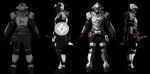  3d absurdres armor black_background buckler character_sheet commentary english_commentary full_body glowing glowing_eye goblin_slayer goblin_slayer! helmet highres male_focus multiple_views nikkytae self_upload shield simple_background standing sword turnaround weapon 