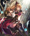  black_gloves bow breasts gloves granblue_fantasy hair_bow holding holding_sword holding_weapon licking_lips long_hair looking_at_viewer ponytail red_eyes smile sword tongue tongue_out vira_lilie weapon 