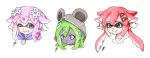  3girls ;) absurdres animal_hood bangs black_choker choker collarbone commentary crossover d-pad d-pad_hair_ornament domino_mask english_commentary green_hair grey_skin grin hair_ornament hairclip highres hood hoodie inkling isaki_tanaka linda_(neptune_series) long_hair looking_at_viewer low_twintails mask mouse_hood multiple_girls neptune_(neptune_series) neptune_(series) one_eye_closed pink_hair pointy_ears portrait purple_eyes red_eyes red_hair sharp_teeth short_hair sidelocks signature simple_background smile splatoon_(series) teeth tennouboshi_uzume tentacle_hair traditional_media twintails v-shaped_eyebrows white_background white_choker 
