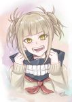  :d absurdres bangs blonde_hair blunt_bangs boku_no_hero_academia fan grey_sweater gu_li head_tilt highres looking_at_viewer neckerchief open_mouth red_neckwear shiny shiny_hair sidelocks smile solo sweater tied_hair toga_himiko upper_body yellow_eyes 