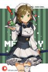  1girl apron asymmetrical_legwear bangs black_skirt bloomers blush brown_hair closed_mouth commentary dragalia_lost english_commentary eyebrows_visible_through_hair frilled_skirt frills green_eyes head_tilt heart hentaki holding holding_plate holding_sheath juliet_sleeves katana long_sleeves maid maid_headdress melody_(dragalia_lost) plate pleated_skirt puffy_sleeves sheath sheathed shirt single_thighhigh skirt smile solo striped striped_background sword thighhighs underwear vertical-striped_background vertical_stripes waist_apron watermark weapon web_address white_apron white_bloomers white_legwear white_shirt 