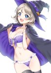  :d black_legwear blue_eyes blush bra breasts brown_hair cape cleavage commentary_request cowboy_shot eyebrows_visible_through_hair frilled_bra frilled_panties frills hat hat_ornament jack-o'-lantern love_live! love_live!_sunshine!! medium_breasts open_mouth panties purple_bra purple_panties rozen5 short_hair simple_background smile solo thigh_gap thighhighs underwear underwear_only v-shaped_eyebrows watanabe_you white_background witch_hat 