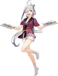  ahoge asashimo_(kantai_collection) dish fish fujikawa grey_eyes grey_hair hair_over_one_eye happi japanese_clothes kantai_collection long_hair multicolored_hair official_art ponytail purple_hair sarashi saury serving sharp_teeth shorts teeth turret 