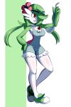 1girl absurdres arm_up bangs bare_shoulders breasts clothed_pokemon collarbone creatures_(company) female flower full_body game_freak gardevoir gen_3_pokemon green_footwear green_hairband green_skin hair_flower hair_ornament hair_over_one_eye hairband hand_on_hip happy heel_up highres holding ladle long_hair mao_(pokemon) mao_(pokemon)_(cosplay) medium_breasts nintendo no_humans open_mouth overalls pink_flower pink_shirt pokemon pokemon_(creature) pokemon_(game) pokemon_sm red_eyes shiny shiny_skin shirt shoes simple_background smile solo standing strapless_shirt swept_bangs tied_hair twintails two-tone_background two-tone_skin white_skin zanatemx 