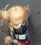  artist_name blonde_hair blood blood_on_face blood_splatter boku_no_hero_academia double_bun grey_background grey_sweater hanbenp highres looking_at_viewer mask neckerchief red_neckwear sailor_collar solo sweater tied_hair toga_himiko upper_body yellow_eyes 