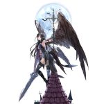  angel armband aselica ass bat black_hair black_wings breasts dark_persona dress fallen_angel full_body full_moon gloves greatsword hair_blowing halloween high_heels holding holding_sword holding_weapon king's_raid large_breasts long_hair looking_at_viewer moon multiple_wings official_art pointy_ears red_eyes rooftop serious solo strapless strapless_dress sword thighhighs transparent_background weapon wing_ornament wings zettai_ryouiki 