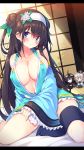  aqua_kimono bangs bare_shoulders barefoot bed_sheet black_hair blue_eyes blue_sleeves blush breasts brown_hair character_doll character_request chiri_(atlanta) cleavage closed_mouth collarbone commentary_request covered_nipples detached_sleeves double_bun eyebrows_visible_through_hair fingernails flower frilled_sleeves frills green_ribbon hair_between_eyes hair_flower hair_ornament hair_ribbon hairband head_tilt highres japanese_clothes kimono large_breasts letterboxed long_hair long_sleeves looking_at_viewer ribbon rinne_(sennen_sensou_aigis) sennen_sensou_aigis side_bun sitting sleeveless sleeveless_kimono sleeves_past_wrists smile solo sweat unmoving_pattern very_long_hair wariza white_flower white_hairband wide_sleeves window |_| 