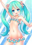  absurdres aqua_hair arm_up bangs bare_shoulders bikini blue_background blue_eyes bluebird_(bluebird90) blush bow_bikini collarbone commentary_request cowboy_shot eyebrows_visible_through_hair flat_chest frilled_bikini frills hair_ornament hand_up hatsune_miku highres long_hair looking_at_viewer multicolored multicolored_bikini multicolored_clothes navel open_mouth scrunchie shiny shiny_hair shiny_skin smile solo sparkle standing stomach swimsuit tied_hair twintails vocaloid younger 