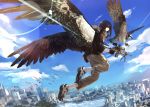  1girl bird black_hair cityscape commentary fingerless_gloves flying gloves gun hashimoto_kokai highres holding holding_gun holding_weapon original osprey personification scarf scenery sky weapon weapon_request wings 