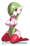  1girl absurdres artist_name bangs bare_shoulders bikini breasts cleavage closed_mouth clothed_pokemon collarbone creatures_(company) female full_body game_freak gardevoir gen_3_pokemon green_hair green_skin hair_over_one_eye hands_together highres huge_breasts kneeling navel nintendo no_humans patreon_logo patreon_username pokemon pokemon_(creature) red_bikini red_legwear shiny shiny_clothes shiny_hair shiny_skin short_hair simple_background sitting skindentation solo string_bikini sweat swimsuit thighhighs two-tone_skin v_arms watermark wavy_mouth web_address white_background white_skin zanatemx 