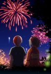  1girl arm_support back_bow black_hair black_shirt boku_no_hero_academia bow couple fireworks from_behind hair_ornament hetero japanese_clothes kimono multicolored_hair night outdoors ponytail red_hair red_kimono shirt short_sleeves silver_hair sitting teaszlt todoroki_shouto two-tone_hair yaoyorozu_momo yukata 